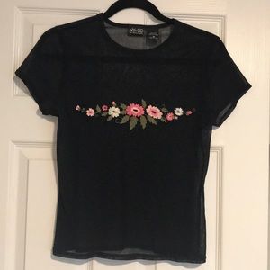 Sheer Navy Top w/Embroidered Flowers, size M